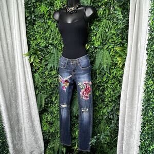 Y2K MACHINE Jeans Women 0 Blue Denim Embroidered Sequin‎ Patch Distressed 2715